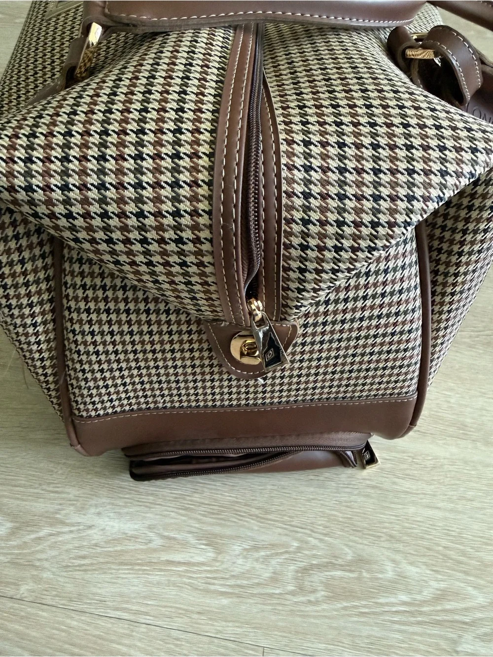 London Fog Brown Houndstooth Tote with Brown Leather Trim